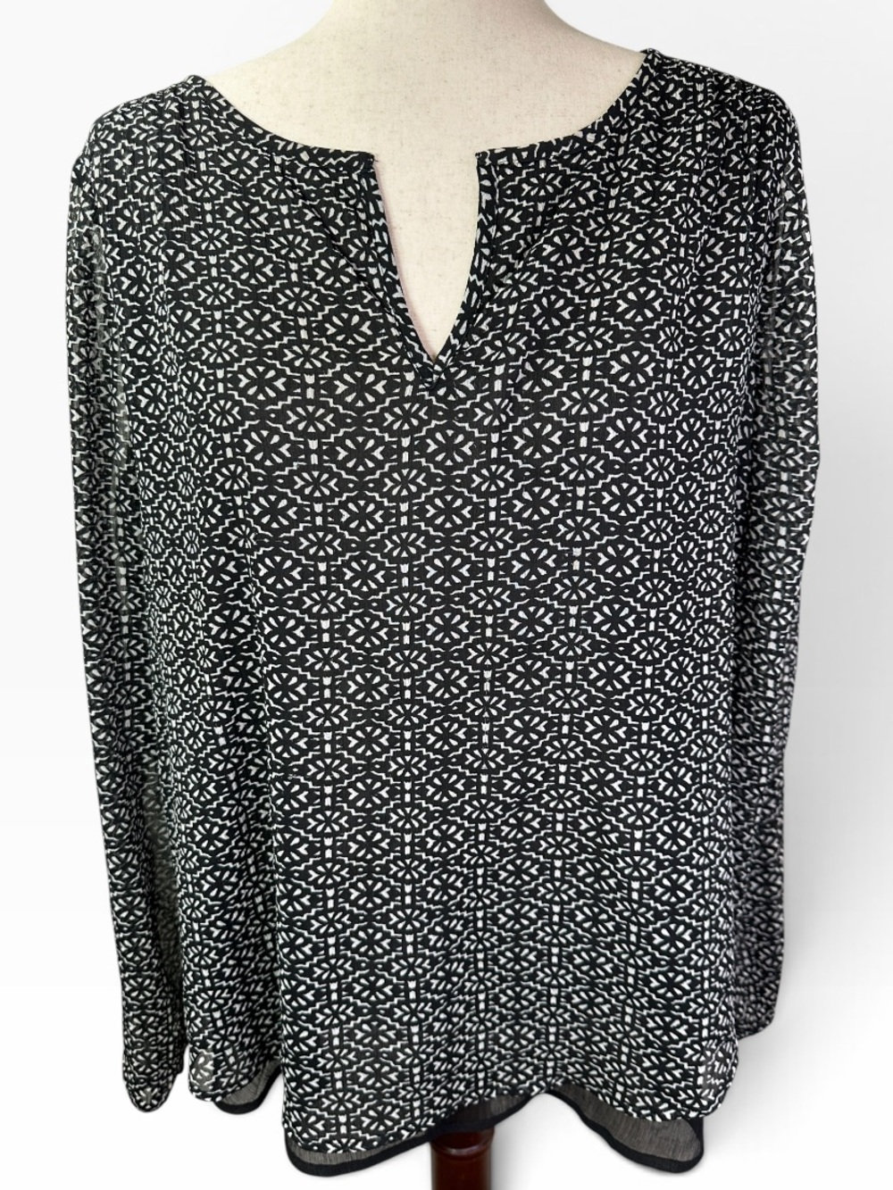 Lucky Brand L Black White Mixed Print Split Back Boho Blouse